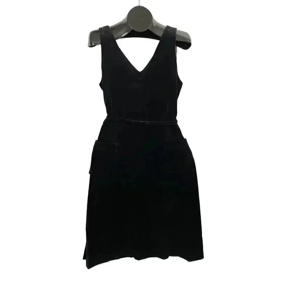 VTG Black Velveteen V Neck Sleeveless Dress Front Pockets Women's‎ SMALL 90s